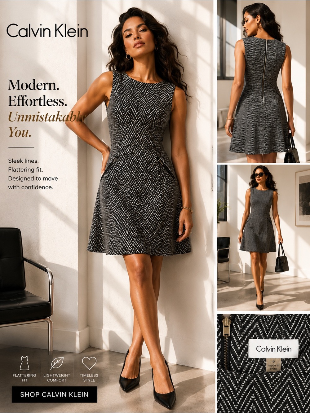 Calvin Klein Black Chevron Sleeveless Fit & Flare Dress size 6